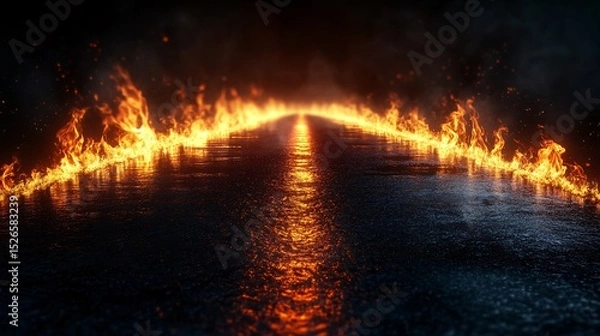 Fototapeta Abstract dark background with a long wet road illuminated by fierce flames