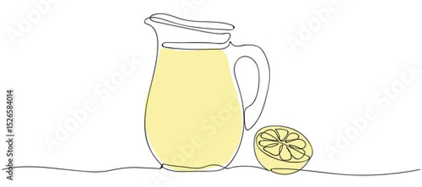 Fototapeta Refreshing lemon drink served in a pitcher alongside a fresh lemon slice on a minimalist background