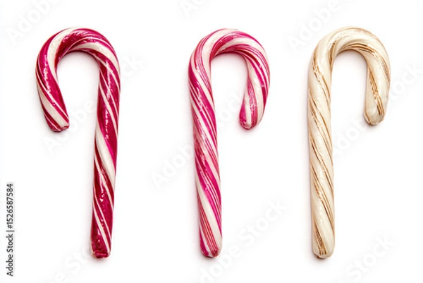 Fototapeta three candy canes are lined up on a white surface