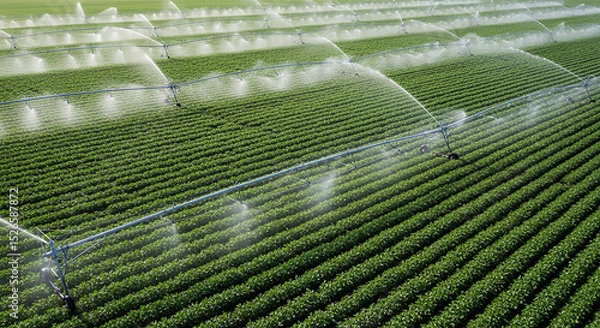 Fototapeta Aerial view of a mechanized irrigation system watering a green crop field