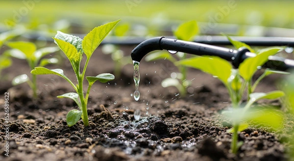 Fototapeta Close-up of a drip irrigation system watering young plants in fertile soil