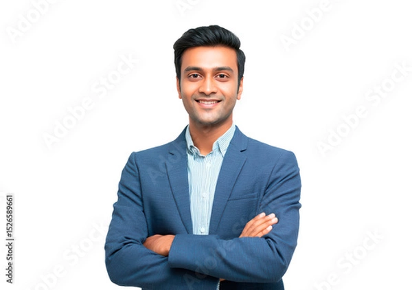 Fototapeta Confident Indian man in business suit with arms crossed on transparent background, PNG