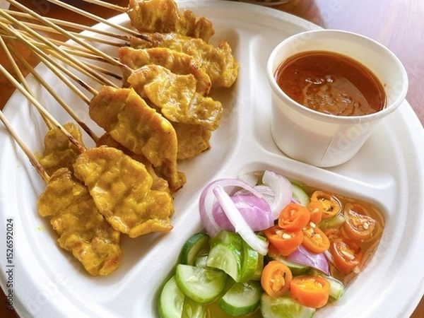 Fototapeta  Charcoal-grilled pork satay served with rich peanut sauce and Thai-style cucumber relish. A beloved classic in Thai street food.