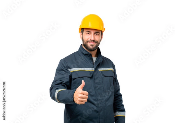 Fototapeta Confident construction worker giving thumbs up wearing safety helmet and uniform on transparent background, PNG