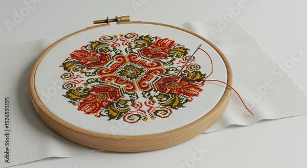 Fototapeta Embroidery hoop with completed colorful floral pattern and needle on a white background with copy space