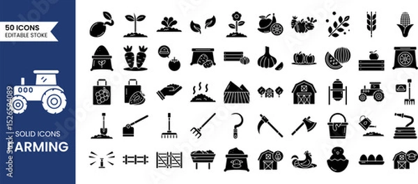 Fototapeta Farming icon set in solid style. Contain icons related to Farm, Farmer, Agricultural, Harvesting, fruit and vegetables, livestock and more. Vector illustration