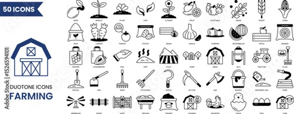 Fototapeta Farming icon set in duotone style. Contain icons related to Farm, Farmer, Agricultural, Harvesting, fruit and vegetables, livestock and more. Vector illustration