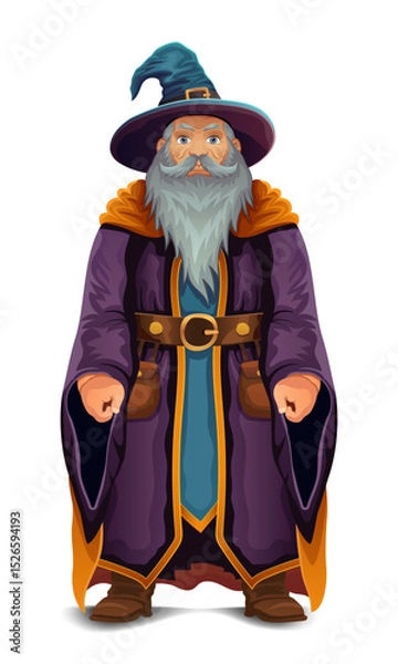 Fototapeta ancient fantasy magic sorcerer wizard witcher elderly man with beard in hat and cape cartoon vector illustration isolated on white background