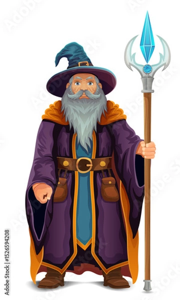 Fototapeta ancient fantasy magic sorcerer wizard witcher elderly man with beard in hat and cape cartoon vector illustration isolated on white background