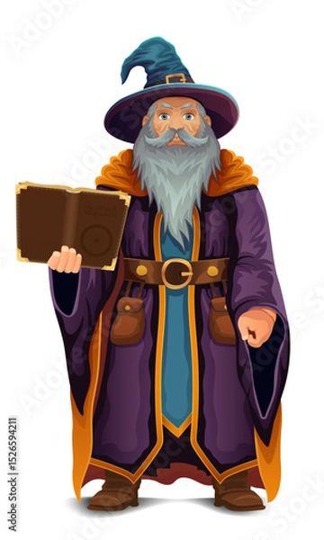 Fototapeta ancient fantasy magic sorcerer wizard witcher elderly man with beard in hat and cape cartoon vector illustration isolated on white background