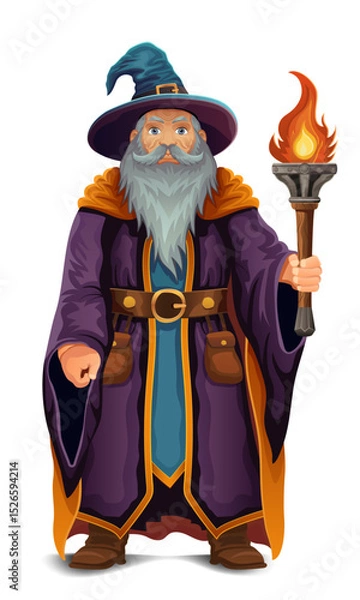 Fototapeta ancient fantasy magic sorcerer wizard witcher elderly man with beard in hat and cape cartoon vector illustration isolated on white background