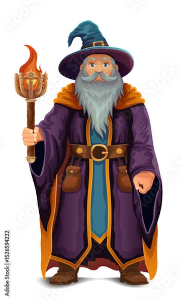 Fototapeta ancient fantasy magic sorcerer wizard witcher elderly man with beard in hat and cape cartoon vector illustration isolated on white background