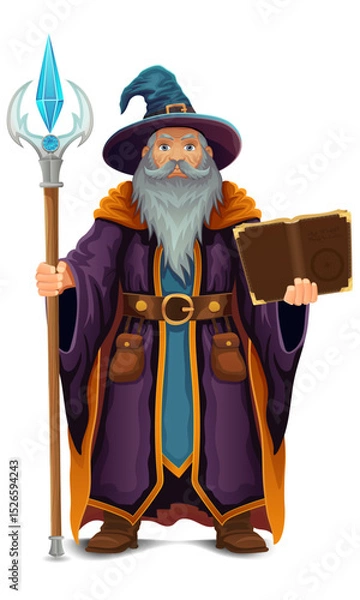 Fototapeta ancient fantasy magic sorcerer wizard witcher elderly man with beard in hat and cape cartoon vector illustration isolated on white background