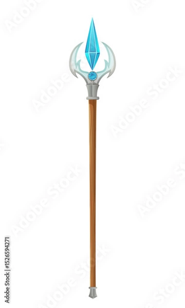 Fototapeta ancient fantasy staff of a sorcerer or witcher made of wood and magic stone cartoon vector illustration isolated on white background