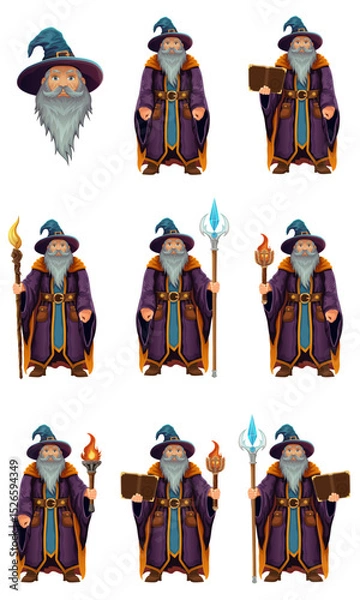 Fototapeta ancient fantasy magic sorcerer wizard witcher elderly man with beard in hat and cape cartoon vector illustration isolated on white background