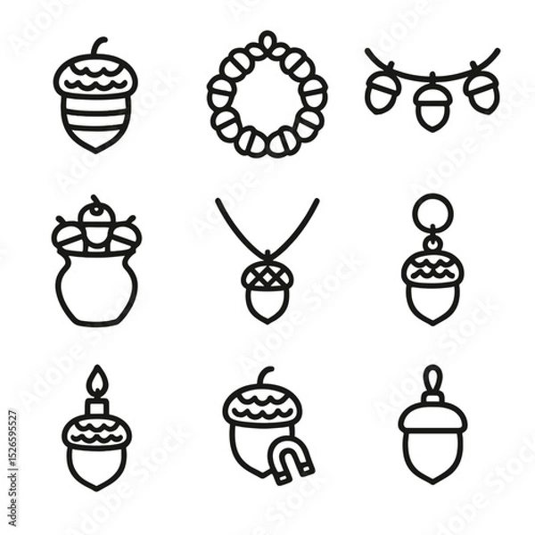 Fototapeta Acorn Craft Icons. Outline icon set of acorn crafts & decorations: painted acorn, acorn wreath, acorn garland, acorn vase fill,