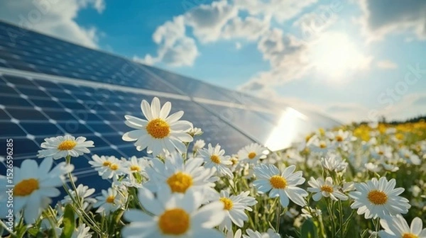 Fototapeta solar panels system of renewable green power technology for better environment at agriculture farm. 	