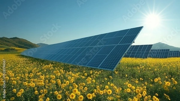 Fototapeta solar panels system of renewable green power technology for better environment at agriculture farm. 	