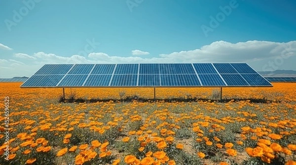 Fototapeta solar panels system of renewable green power technology for better environment at agriculture farm. 	