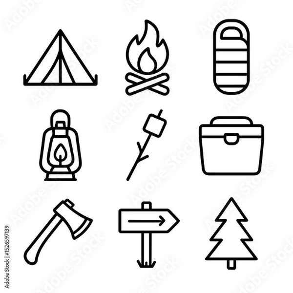 Fototapeta Camping Icon Set. Outline icon set of forest camping trip: tent, campfire, sleeping bag, lantern, marshmallow on stick, cooler,