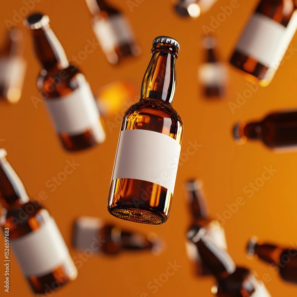 Fototapeta A realistic mockup of a brown glass beer bottle being held in a human hand. The bottle has a blank white label and neck tag with a transparent checker pattern, as if ready for branding. 