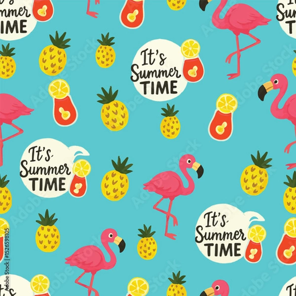 Fototapeta A vibrant and cheerful summerthemed pattern featuring colorful flamingos, pineapples, and playful text