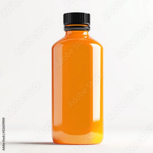 Fototapeta A realistic studio-style image of a plastic bottle filled with vibrant orange liquid, standing slightly tilted on a clean white background. . High quality photo