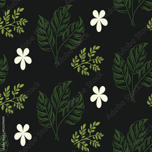 Fototapeta Green, white, and black seamless pattern. This tropical design combines detailed leaves with simple plumeria flowers, ideal for summer fashion and wallpaper.