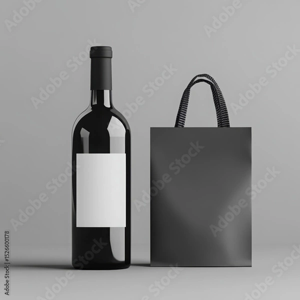 Fototapeta A realistic studio-style mockup of a dark glass wine bottle with a blank, matte white label, standing next to a minimal, luxury gift bag with black handles. . High quality photo