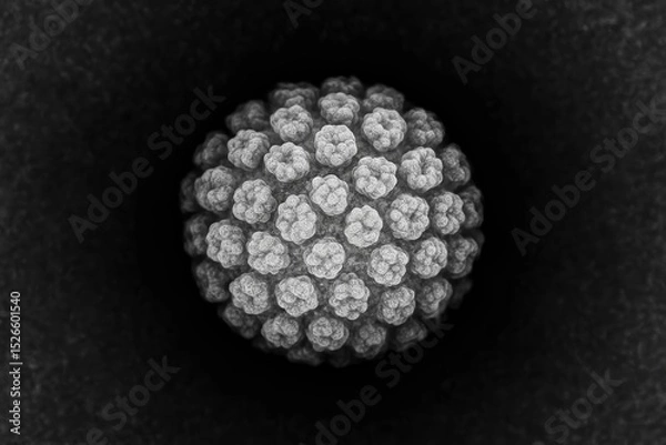 Obraz Highly detailed microscopic image of a human papillomavirus particle, spherical in shape, covered with symmetrical capsid protein clusters forming a textured, geometric pattern. 