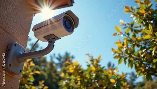 Fototapeta capture a smart surveillance camera at the bottom of the frame, under the midday sun, realism style with clear blue sky above for copy space.