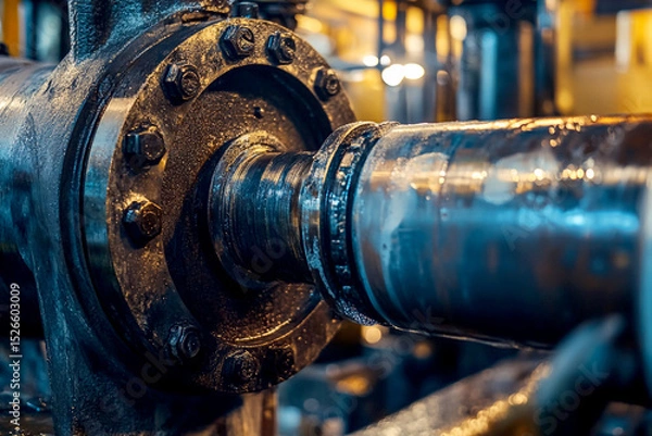Obraz Old, dirty metal shaft covered in oil and water within a factory setting. Highlights aspects of industry, engineering, and the need for safety