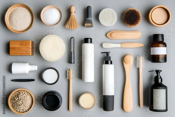 Obraz Top view of eco-friendly hair accessories, including a comb, mask, and lotion. Minimalist top view showcasing eco-friendly hair products