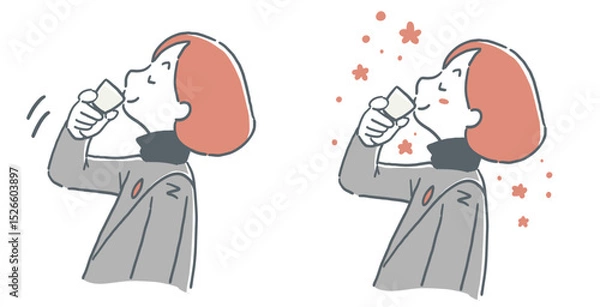 Obraz お猪口でお酒を飲んでいる様子の女性のイラスト　セット