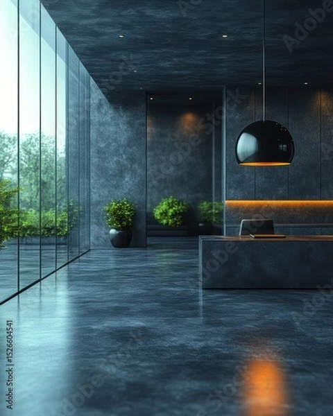 Fototapeta Modern office lobby with concrete walls, glass windows, and dark furniture