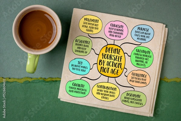 Obraz Define yourself by action, not age - Inspirational infographics mind map sketch.