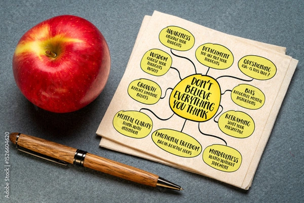 Obraz Don’t believe everything you think. Your mind is a storyteller - it creates thoughts, interpretations, predictions, judgments, and assumptions. Infographics mind map sketch.