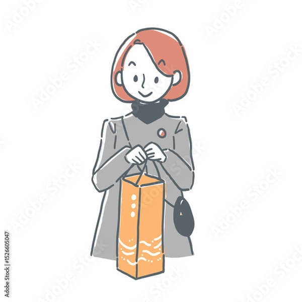 Obraz 酒瓶入りのおみやげ袋を持っている女性のイラスト