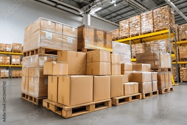 Obraz Neatly stacked cardboard boxes in a modern warehouse, showcasing efficient storage and organization.
