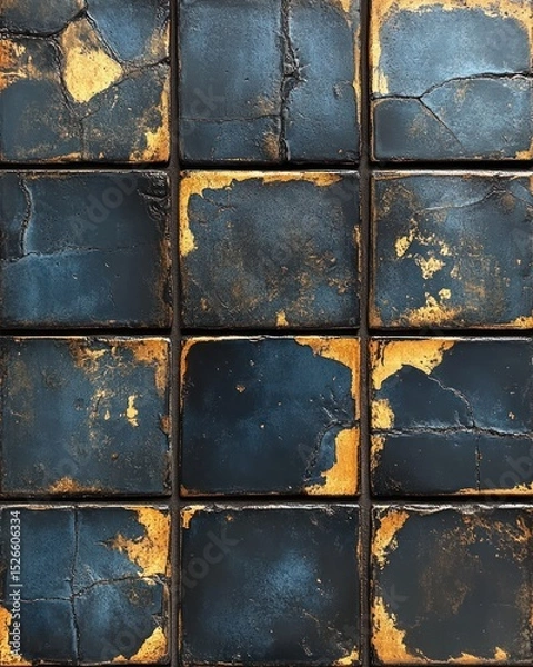 Fototapeta Dark blue and gold patterned tiles
