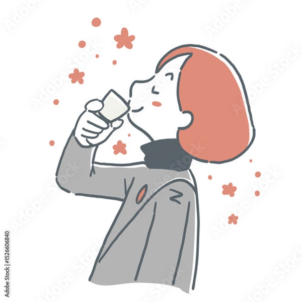 Obraz お猪口でお酒を飲んで気分がいい様子の女性のイラスト