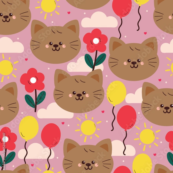 Fototapeta seamless pattern cute cartoon cat with flowers, balloon and sky element. animal drawing for wallpaper and gift wrap paper