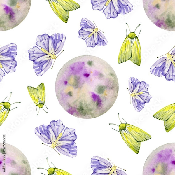 Fototapeta Watercolor seamless pattern with violet moon and mothes. Contemporary composition. Trendy texture for print, textile, packaging.