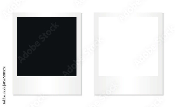 Fototapeta Set of two square instant photo frames with black and white placeholders isolated on transparent background retro polaroid style mockup template memory design layout print picture