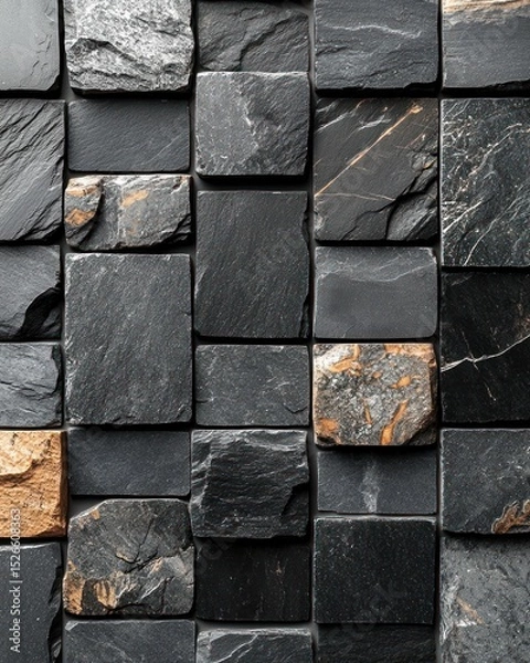 Fototapeta Close-up view of a patterned wall of dark gray and tan stone tiles