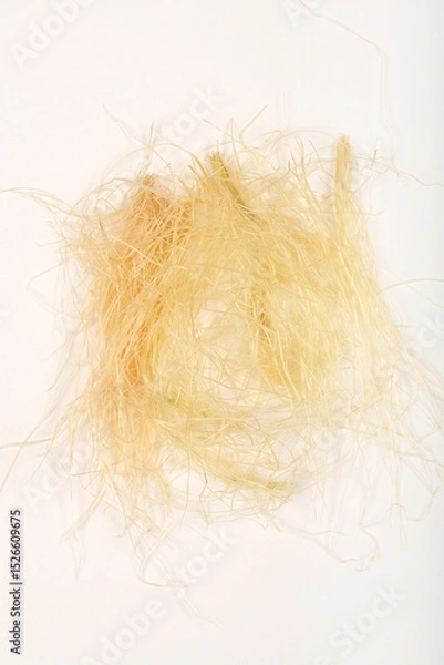 Obraz Overhead shot displays a small pile of light brown and yellow corn silk threads on a plain white background