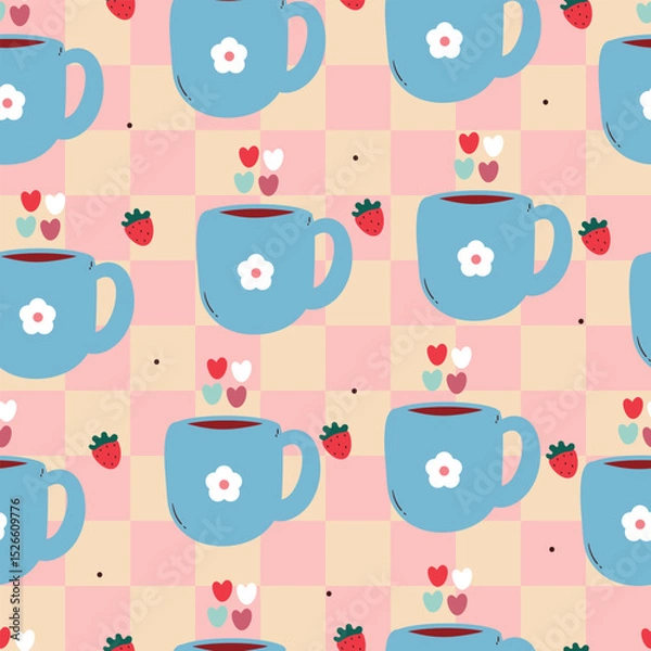 Fototapeta seamless pattern cute cartoon blue cup with hearts. cute drawing for beverage pattern and wallpaper