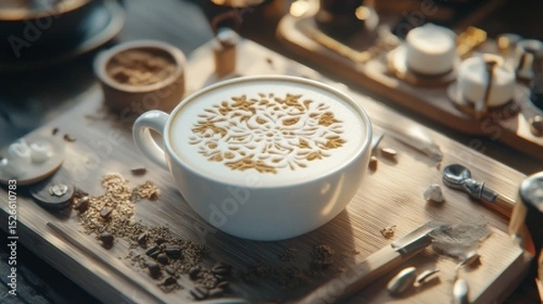 Fototapeta Artistic Latte Art: Intricate floral latte art adorns a creamy cappuccino in a white cup, set against a rustic wooden tray with coffee bean and coffee machine parts.