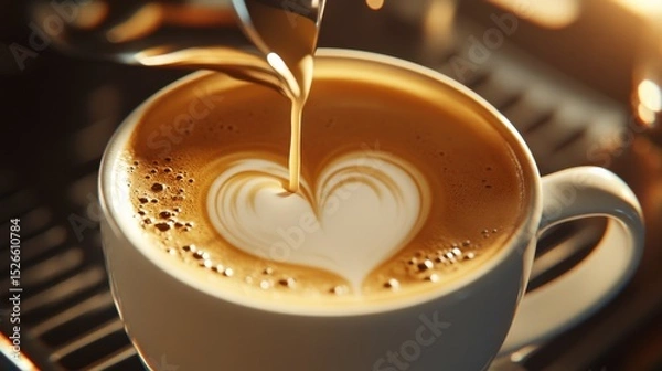 Fototapeta Artistic Latte: A perfect shot of rich espresso poured into a creamy canvas of steamed milk, creating a beautifully crafted heart shape.