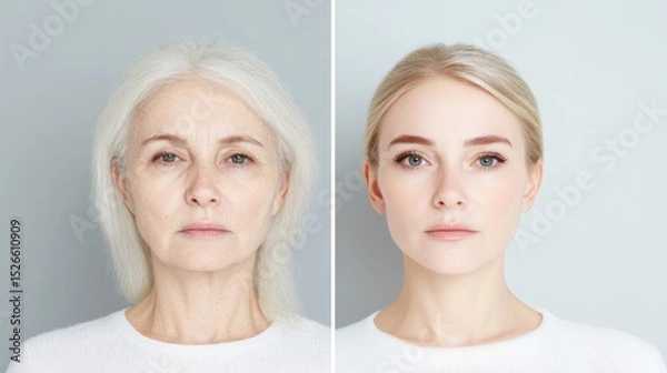 Fototapeta Aging gracefully: A split portrait of a woman, one side showcasing the natural beauty of maturity with wrinkles, the other side featuring a vibrant young woman.